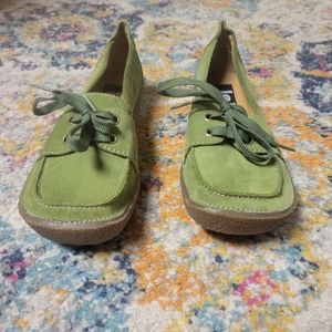Vintage 90s LEI Womens Leather Lace Up Low Top Flat Green Loafers Shoes Size 6.5